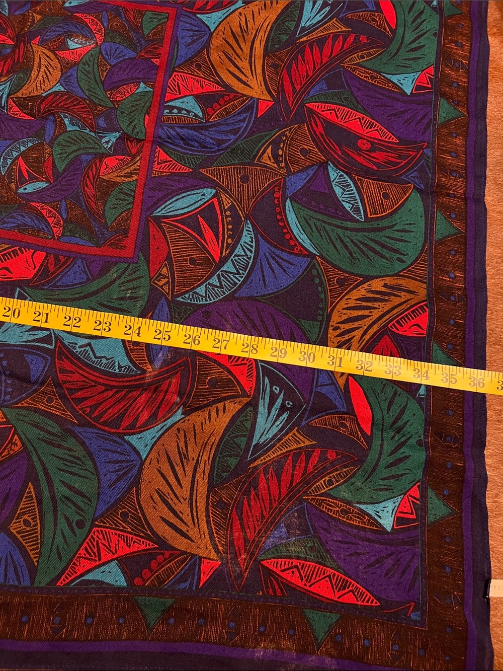 100% Wool Perry Ellis Geometric Print Scarf in Blue, Teal, Purple & Red, Japan - Picture 10 of 10